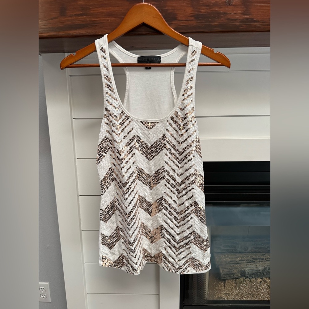 Almost famous women’s medium, Sequin Chevron Tank Top - White gold silver Y2K
